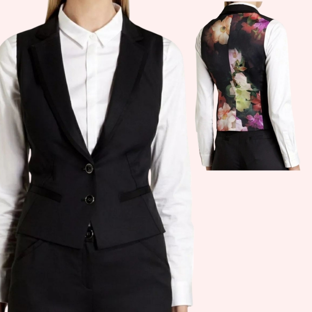 🖤🌸 Ted Baker Wool Blend Tuxedo Style Vest w/ Floral Contrast Back/Lining, 4/6